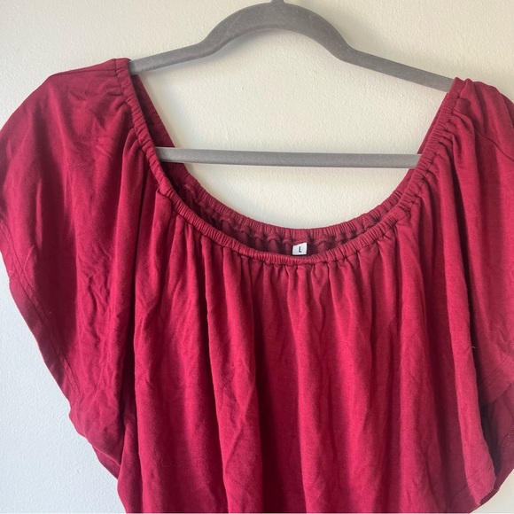 Burgundy Maxi Dress Women’s Size Large L Off Shoulder Flutter Sleeve Slit Gown - Picture 2 of 7
